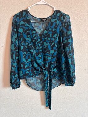 bebe Teal & Black Tie-Front V-Neck Blouse